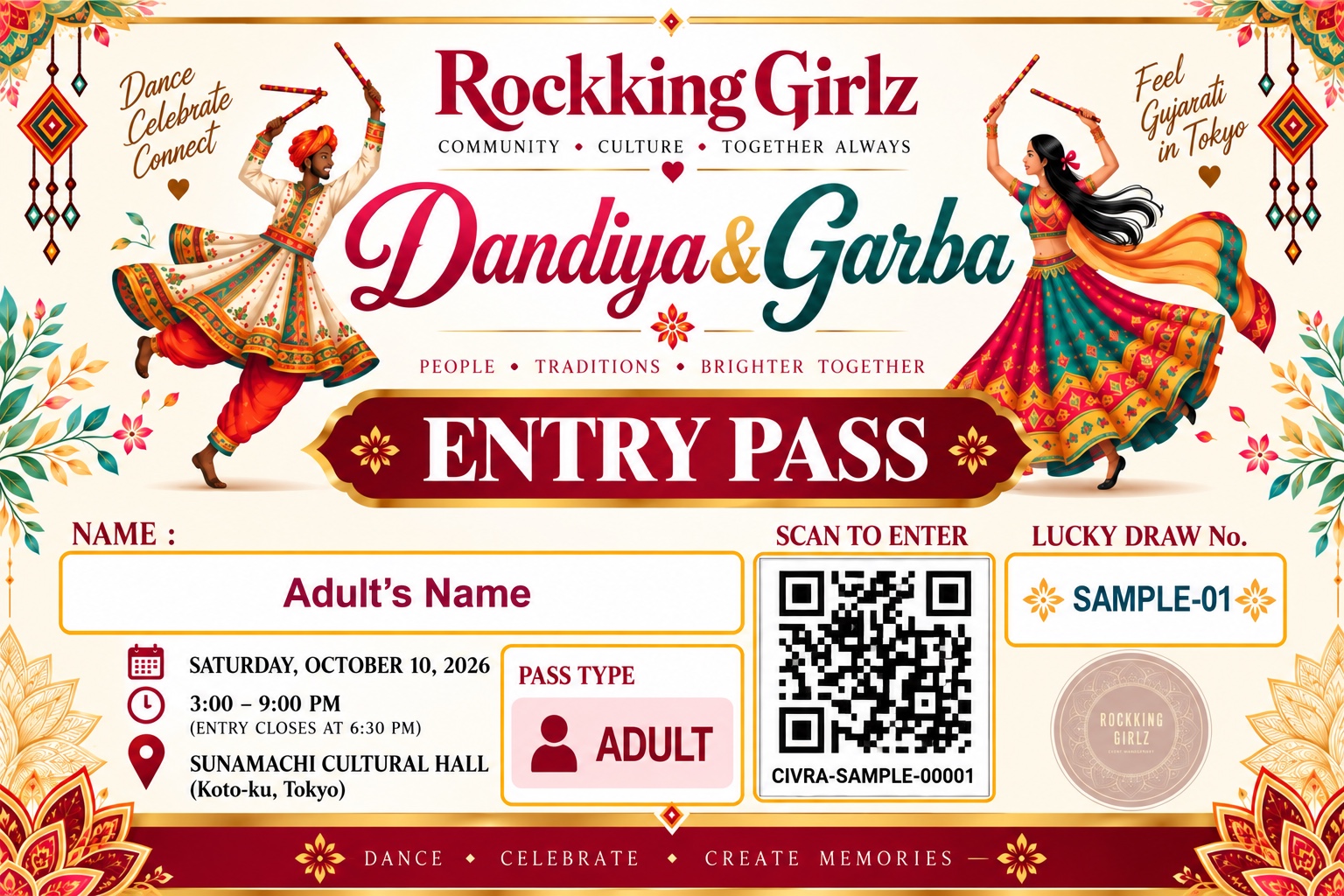 Anonymized Adult event pass sample with sample QR code and identifier