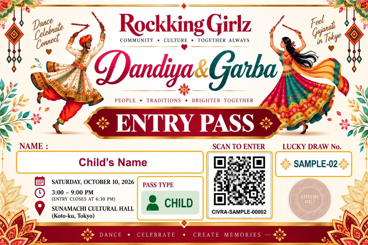 Anonymized Child event pass sample with sample QR code and identifier